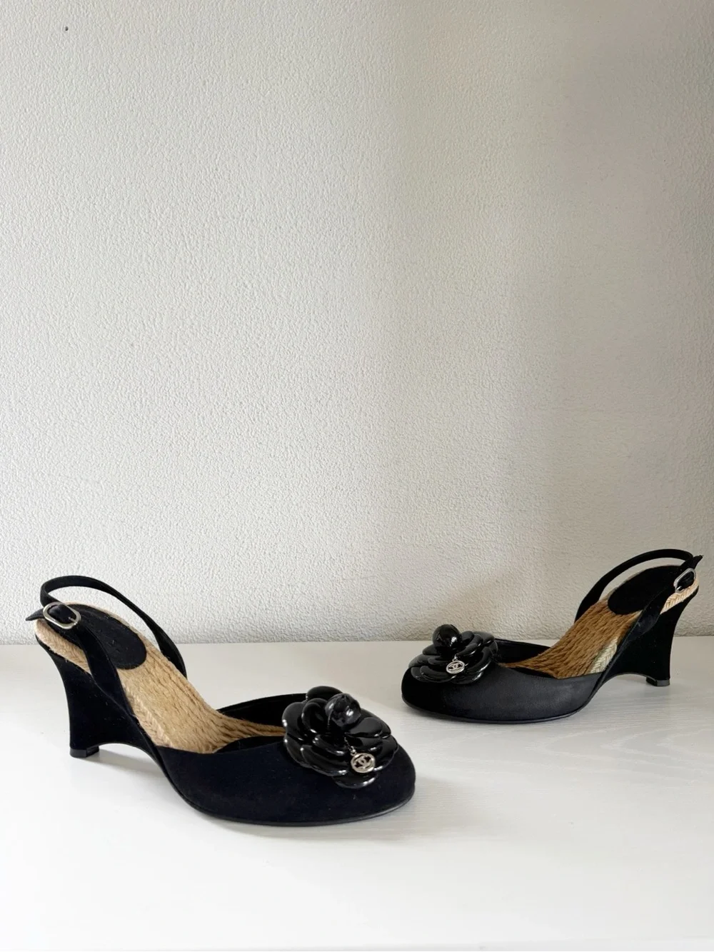 Chanel Camellia Espadrille Wedge Sandals 2006 Cruise Black Suede EU 40